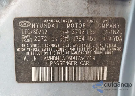 2013 Hyundai Elantra Gls from USA, damaged, VIN KMHDH4AE6DU754719